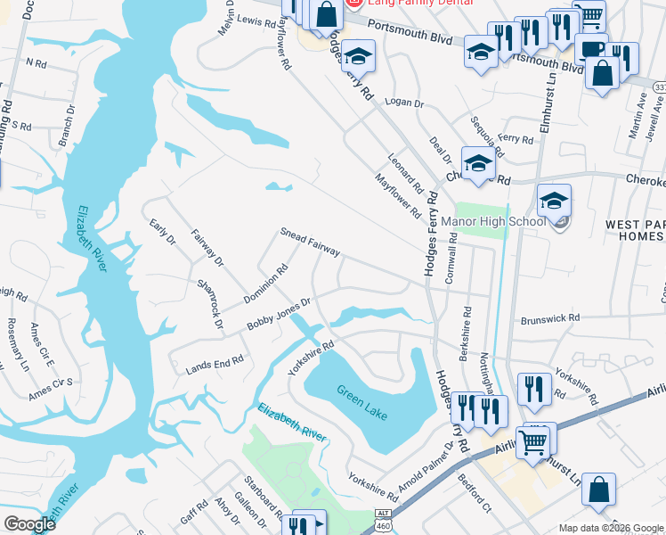 map of restaurants, bars, coffee shops, grocery stores, and more near 303 Sarazen Drive in Portsmouth