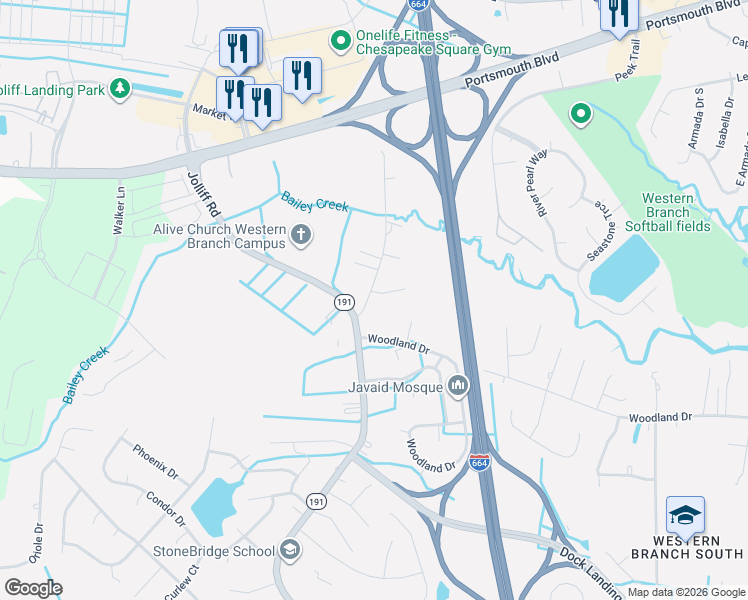 map of restaurants, bars, coffee shops, grocery stores, and more near 1909 Old Jolliff Road in Chesapeake