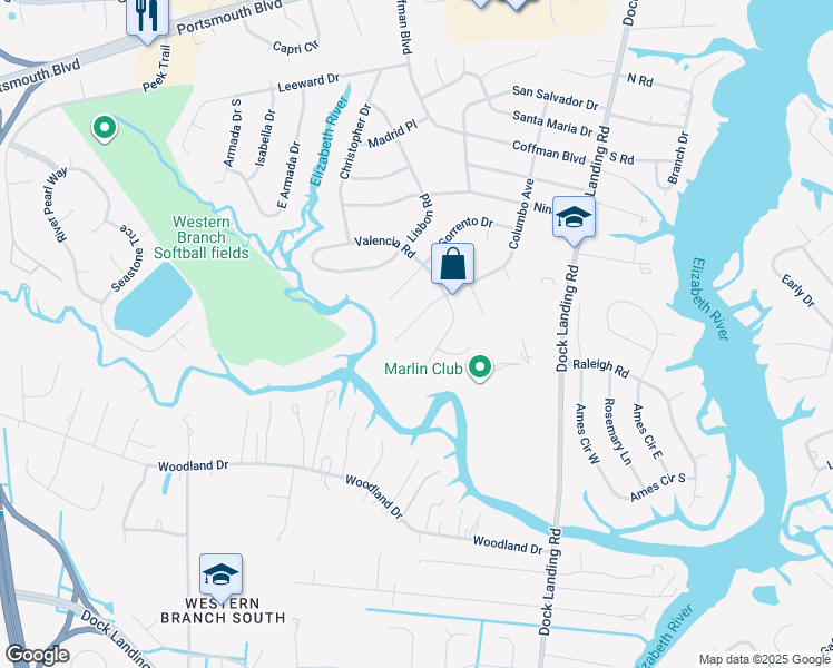map of restaurants, bars, coffee shops, grocery stores, and more near 2013 Columbo Avenue in Chesapeake