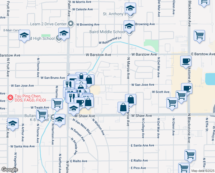 map of restaurants, bars, coffee shops, grocery stores, and more near 525 West San Jose Avenue in Fresno