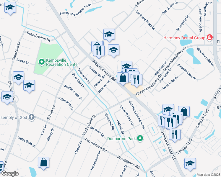 map of restaurants, bars, coffee shops, grocery stores, and more near 4690 Steeplechase Drive in Virginia Beach