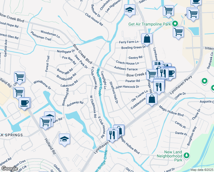map of restaurants, bars, coffee shops, grocery stores, and more near 836 Lamplight Lane in Virginia Beach