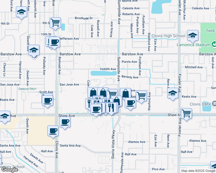 map of restaurants, bars, coffee shops, grocery stores, and more near 1332 Scott Avenue in Clovis