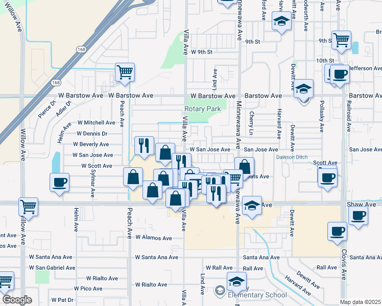 map of restaurants, bars, coffee shops, grocery stores, and more near in Clovis