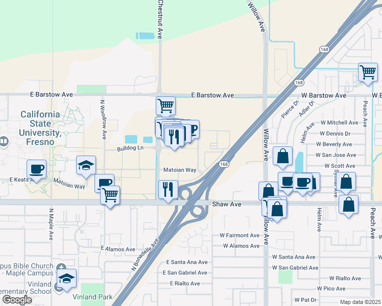 map of restaurants, bars, coffee shops, grocery stores, and more near 5090 Primitivo Way in Fresno