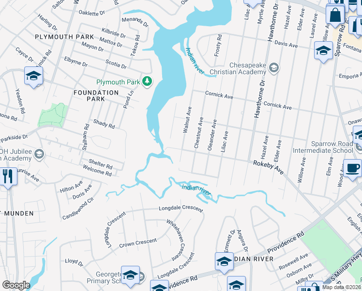 map of restaurants, bars, coffee shops, grocery stores, and more near 3407 Rokeby Avenue in Chesapeake