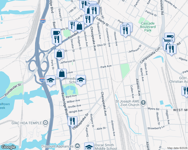 map of restaurants, bars, coffee shops, grocery stores, and more near 1307 Holly Avenue in Chesapeake