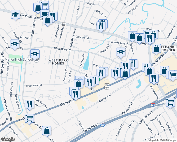 map of restaurants, bars, coffee shops, grocery stores, and more near 1613 City Park Avenue in Portsmouth