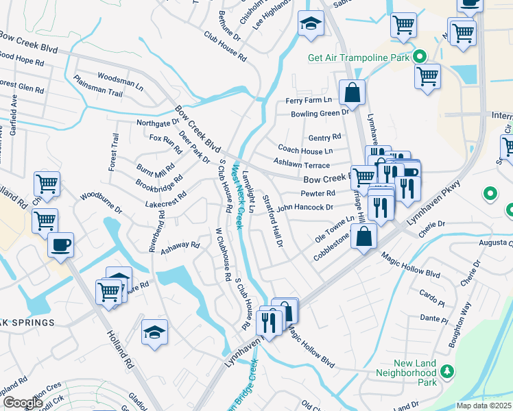map of restaurants, bars, coffee shops, grocery stores, and more near 836 Lamplight Lane in Virginia Beach