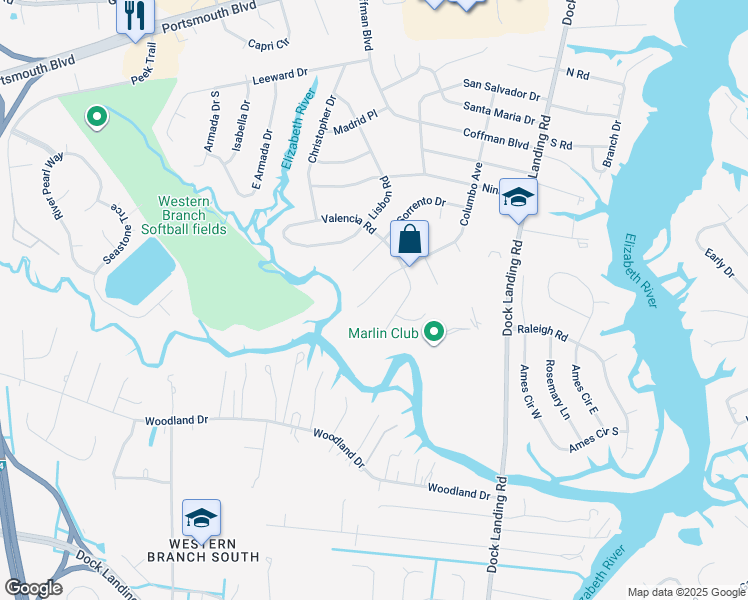 map of restaurants, bars, coffee shops, grocery stores, and more near 2013 Columbo Avenue in Chesapeake