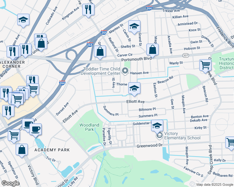 map of restaurants, bars, coffee shops, grocery stores, and more near 3405 Woodstock Street in Portsmouth