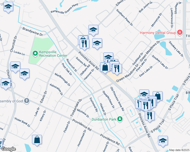 map of restaurants, bars, coffee shops, grocery stores, and more near 4690 Steeplechase Drive in Virginia Beach