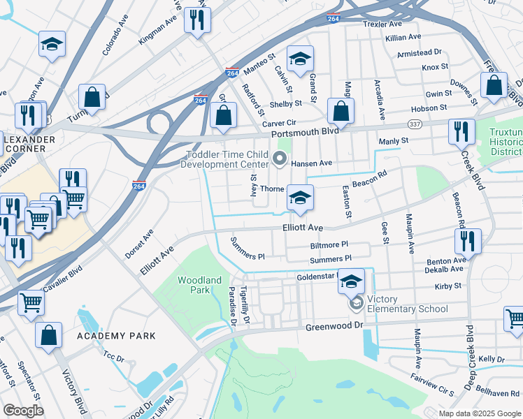 map of restaurants, bars, coffee shops, grocery stores, and more near 3405 Woodstock Street in Portsmouth