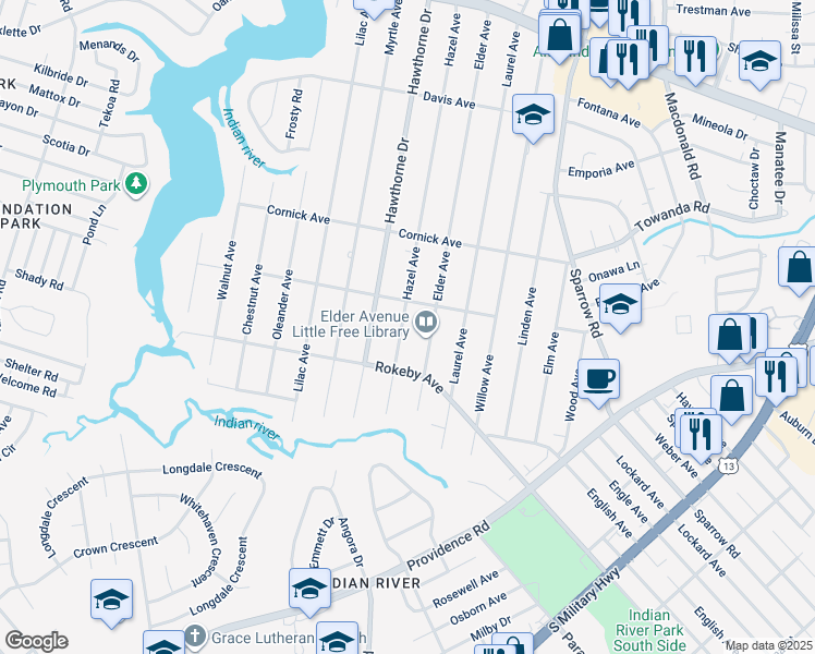 map of restaurants, bars, coffee shops, grocery stores, and more near 1512 Hazel Avenue in Chesapeake