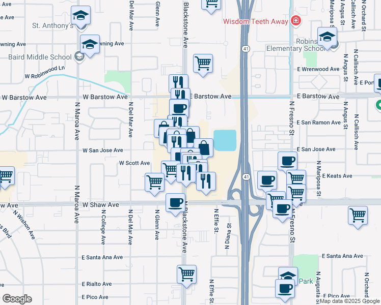 map of restaurants, bars, coffee shops, grocery stores, and more near 5180 North Blackstone Avenue in Fresno