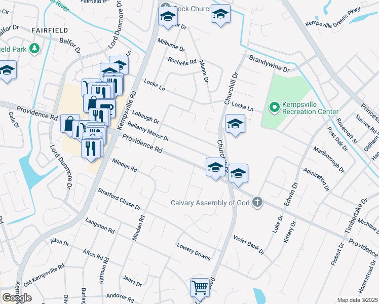 map of restaurants, bars, coffee shops, grocery stores, and more near 5101 Bellamy Manor Drive in Virginia Beach