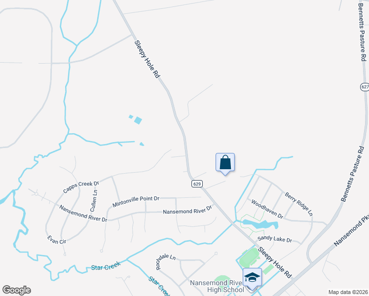 map of restaurants, bars, coffee shops, grocery stores, and more near 3518 County Road 629 in Suffolk