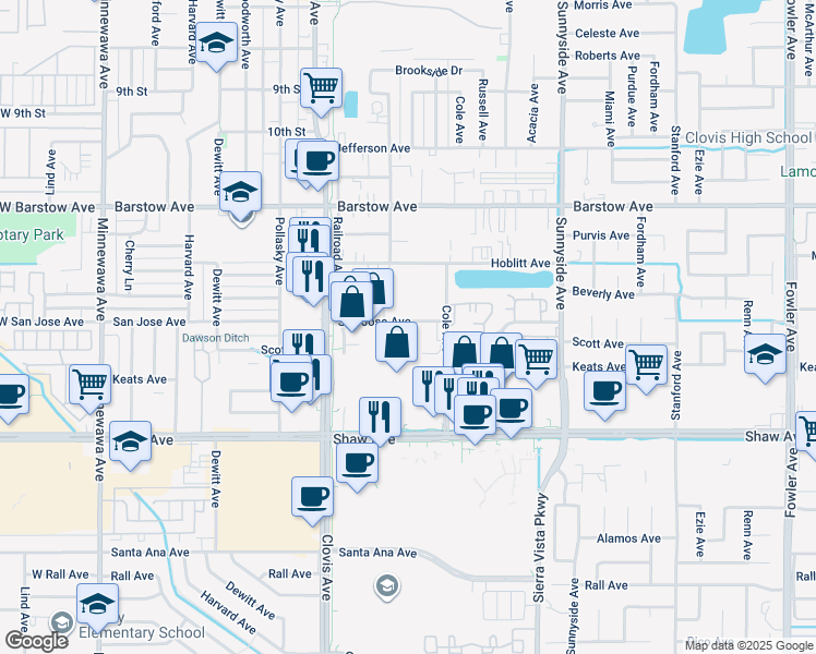 map of restaurants, bars, coffee shops, grocery stores, and more near 1004 San Jose Ave in Clovis