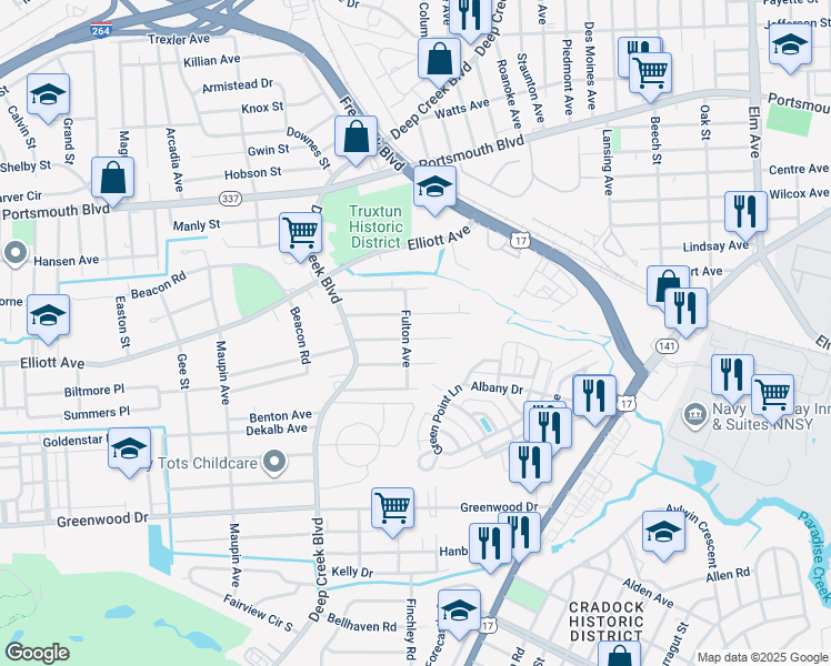 map of restaurants, bars, coffee shops, grocery stores, and more near 203 Franklin Avenue in Portsmouth