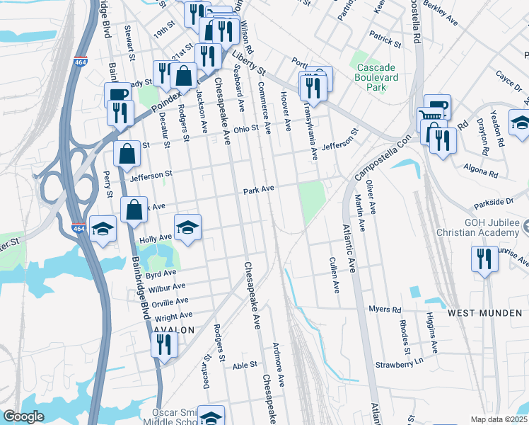map of restaurants, bars, coffee shops, grocery stores, and more near 1433 Seaboard Avenue in Chesapeake
