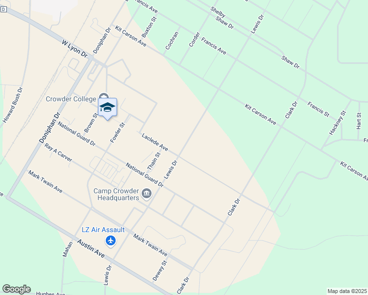 map of restaurants, bars, coffee shops, grocery stores, and more near Lewis Drive in Neosho
