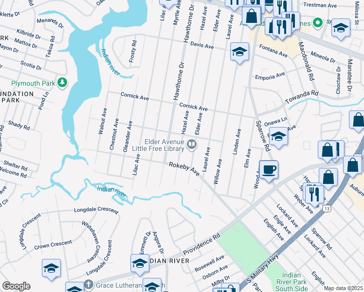 map of restaurants, bars, coffee shops, grocery stores, and more near 1512 Hazel Avenue in Chesapeake