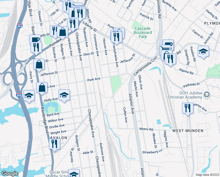 map of restaurants, bars, coffee shops, grocery stores, and more near 1426 Hoover Avenue in Chesapeake