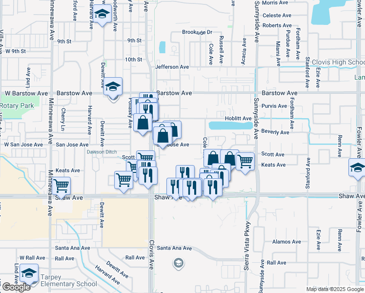 map of restaurants, bars, coffee shops, grocery stores, and more near 1004 San Jose Avenue in Clovis