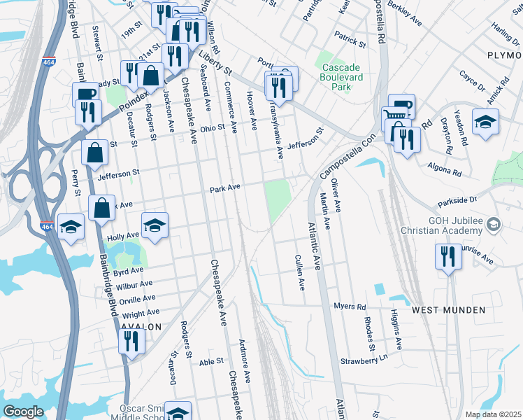 map of restaurants, bars, coffee shops, grocery stores, and more near 1426 Hoover Avenue in Chesapeake