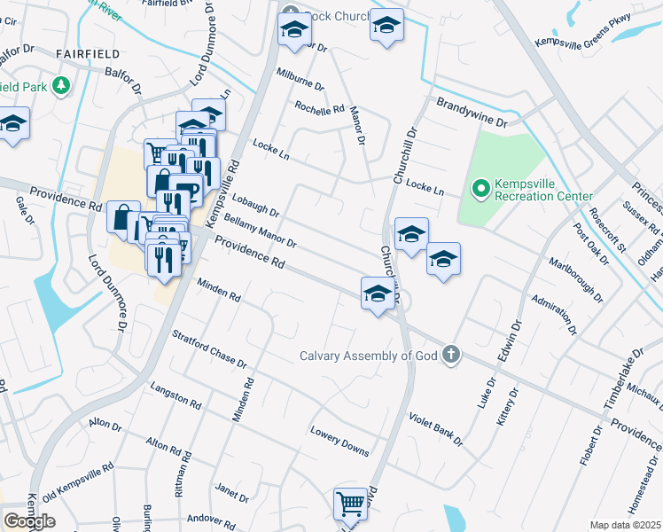 map of restaurants, bars, coffee shops, grocery stores, and more near 5101 Bellamy Manor Drive in Virginia Beach