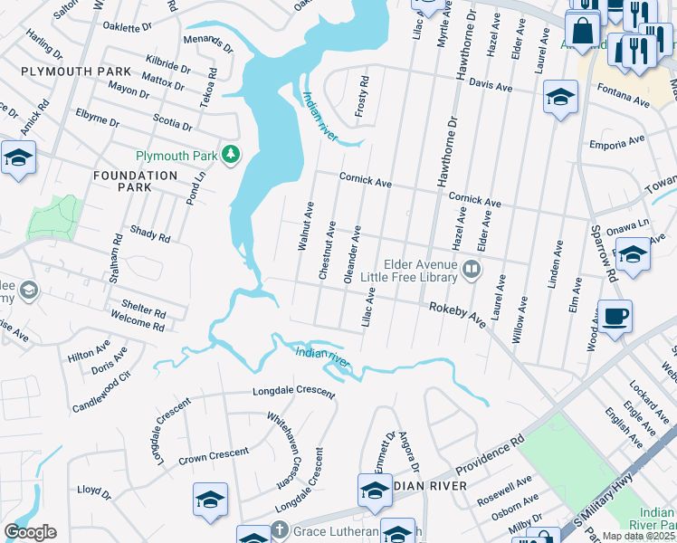 map of restaurants, bars, coffee shops, grocery stores, and more near 1523 Oleander Avenue in Chesapeake