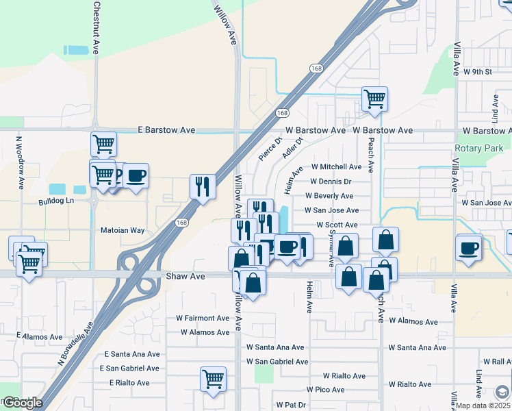 map of restaurants, bars, coffee shops, grocery stores, and more near 1681 Willow Avenue in Clovis