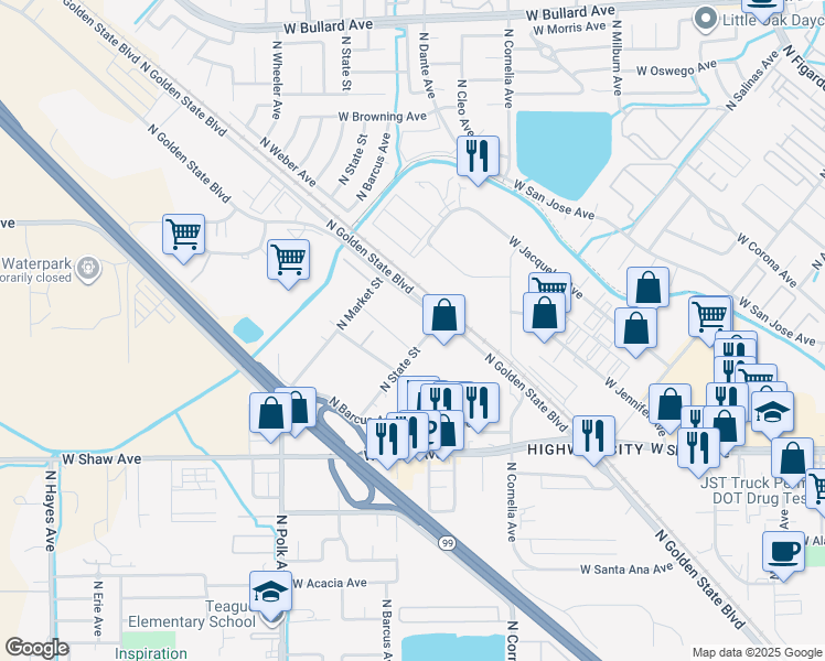 map of restaurants, bars, coffee shops, grocery stores, and more near 5241 North State Avenue in Fresno