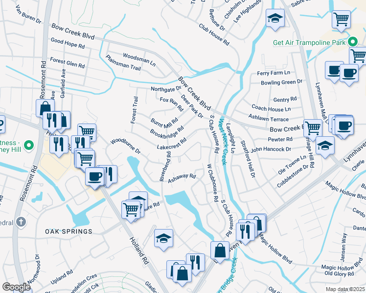 map of restaurants, bars, coffee shops, grocery stores, and more near 833 Green Lakes Court in Virginia Beach