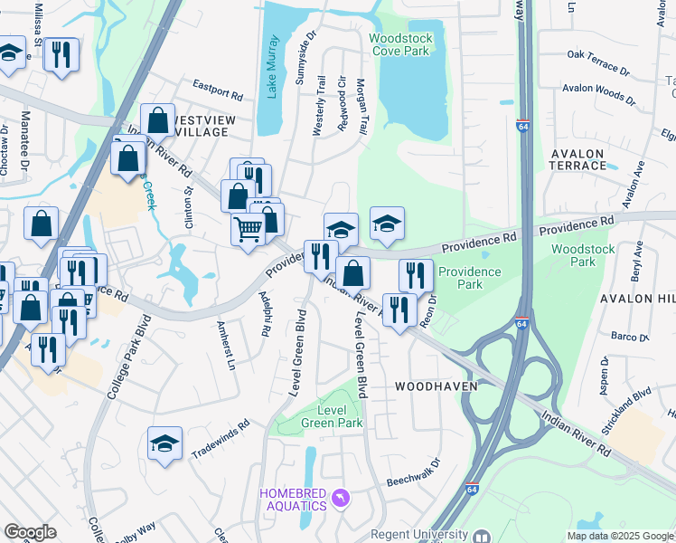 map of restaurants, bars, coffee shops, grocery stores, and more near 6075 Indian River Road in Virginia Beach