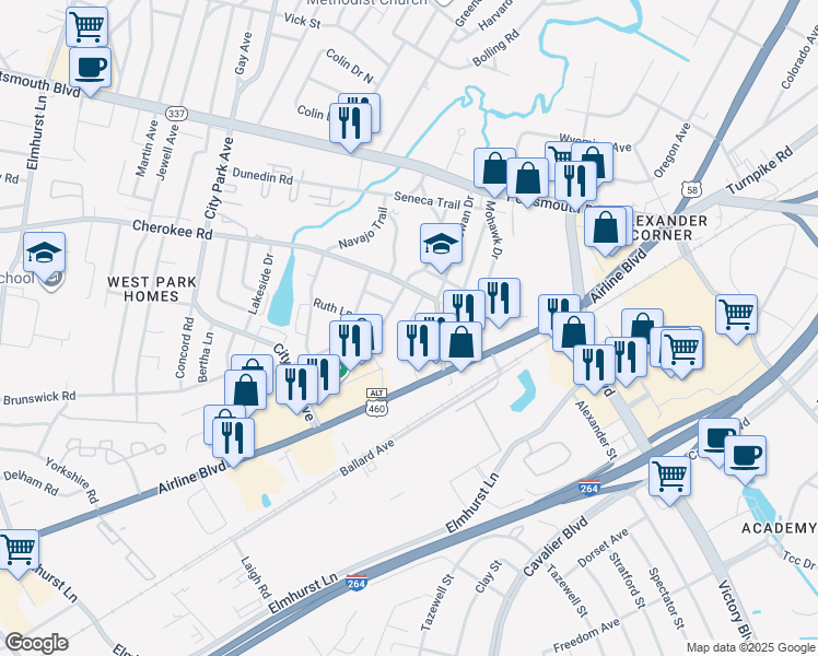 map of restaurants, bars, coffee shops, grocery stores, and more near 130 Chowan Drive in Portsmouth