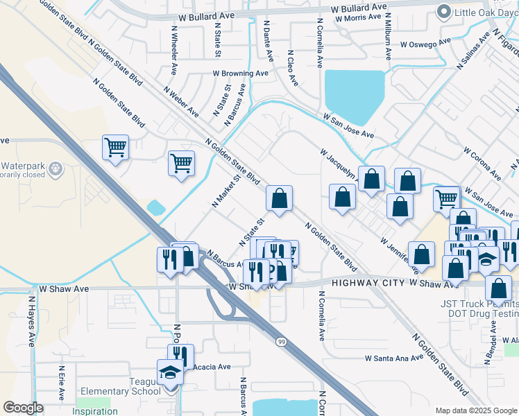 map of restaurants, bars, coffee shops, grocery stores, and more near 5241 North State Avenue in Fresno