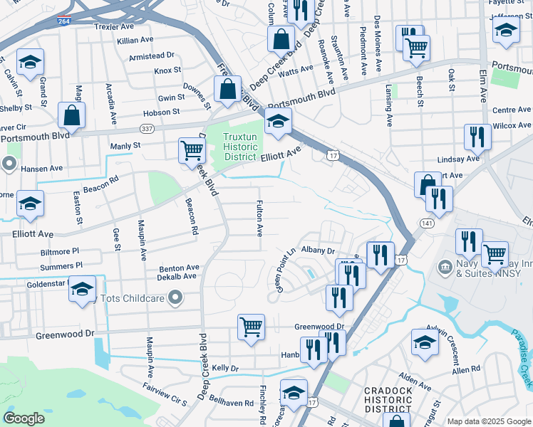 map of restaurants, bars, coffee shops, grocery stores, and more near 203 Franklin Avenue in Portsmouth