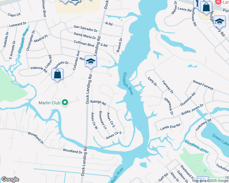 map of restaurants, bars, coffee shops, grocery stores, and more near 2017 Ames Circle North in Chesapeake