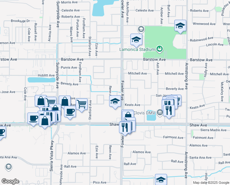 map of restaurants, bars, coffee shops, grocery stores, and more near 1635 Renn Avenue in Clovis