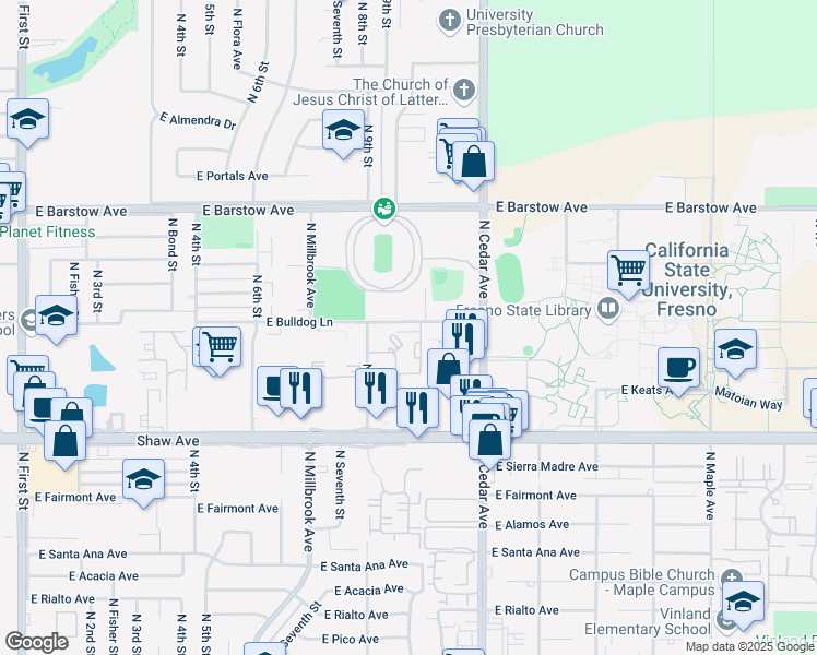 map of restaurants, bars, coffee shops, grocery stores, and more near 1671 East Bulldog Lane in Fresno