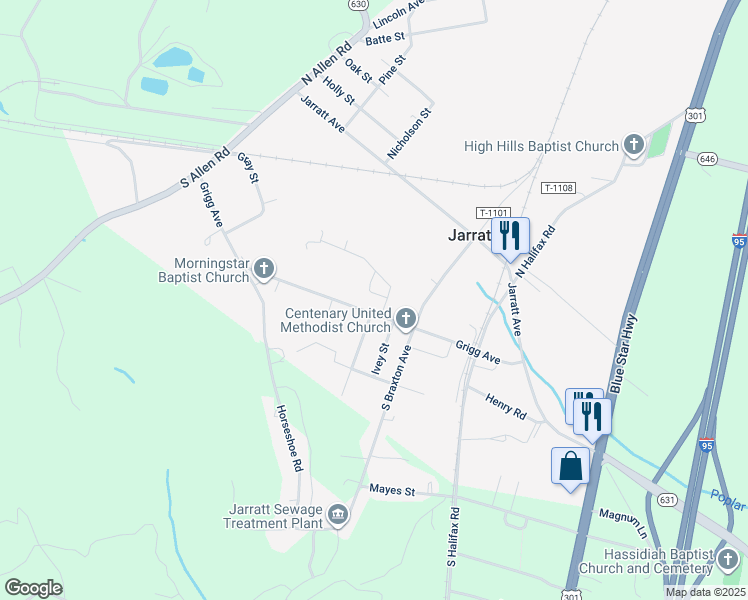 map of restaurants, bars, coffee shops, grocery stores, and more near 215 Pine Place in Jarratt