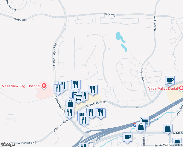 map of restaurants, bars, coffee shops, grocery stores, and more near 1111 Birdie Lane in Mesquite