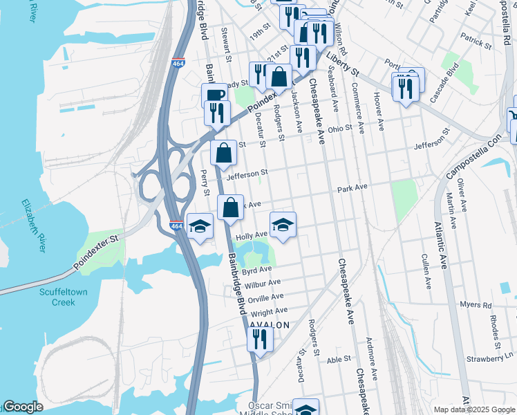 map of restaurants, bars, coffee shops, grocery stores, and more near 1424 Stewart Street in Chesapeake