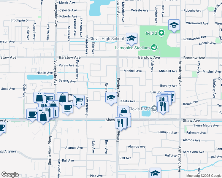 map of restaurants, bars, coffee shops, grocery stores, and more near 1635 Renn Avenue in Clovis