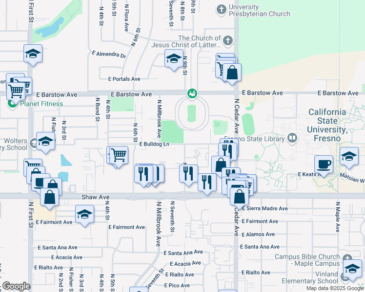 map of restaurants, bars, coffee shops, grocery stores, and more near 5158 North 9th Street in Fresno