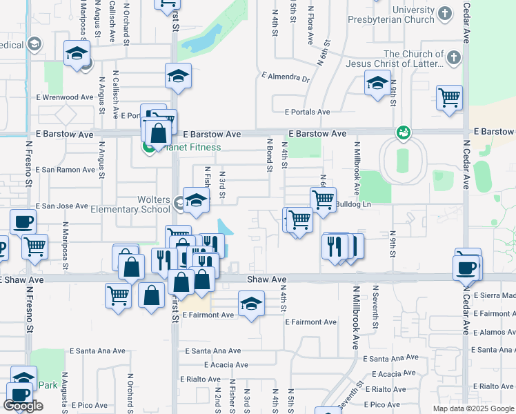 map of restaurants, bars, coffee shops, grocery stores, and more near 1250 East Shaw Avenue in Fresno