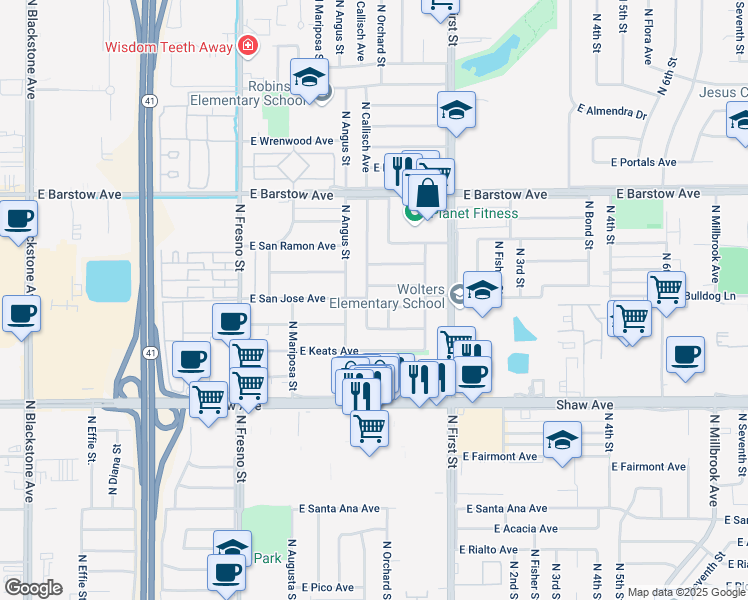 map of restaurants, bars, coffee shops, grocery stores, and more near 695 East San Jose Avenue in Fresno