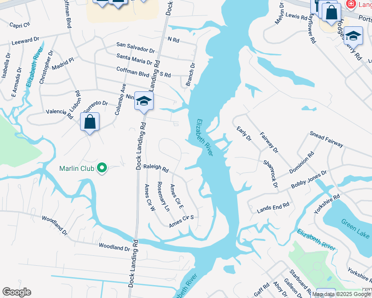 map of restaurants, bars, coffee shops, grocery stores, and more near 2017 Ames Circle North in Chesapeake