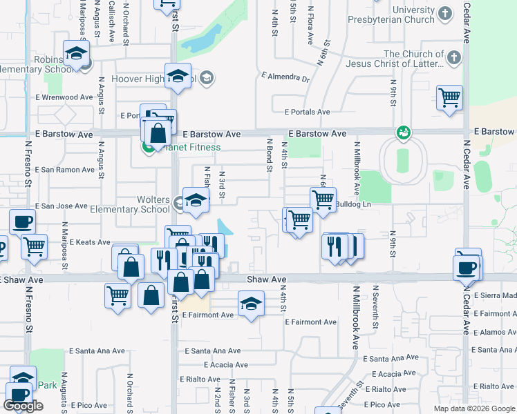 map of restaurants, bars, coffee shops, grocery stores, and more near 1250 East Shaw Avenue in Fresno